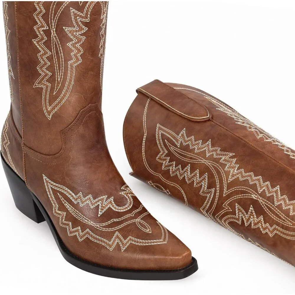 Women Brown Faux Leather Knee High Cowgirl Boots with Pointed Toe Block Heel